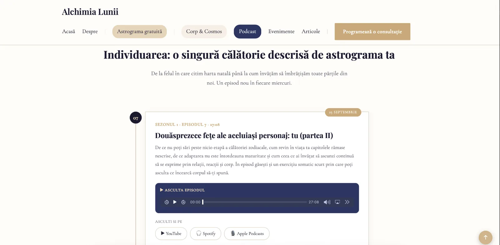 Pagina de podcast cu player audio